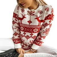 Božićni džemper za žene ružne božićne staklene jelene dugih rukava pulover slatki pleteni praznični skakač crveni s