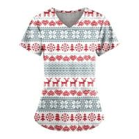 Tking Fashion Dame Casual V-izrez Plus Veličina Božićna štampačka majica Radna odjeća s džepovima Božićne