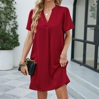 Dahyich ženski ljetni tisak modni casual s kratkim rukavima V-izrez Tanka haljina crvena l