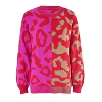 Tosmy Womens Dukseri Ženski jesen Zimski džemper Leopard Print Šivanje Mješani pleteni džemper Duks