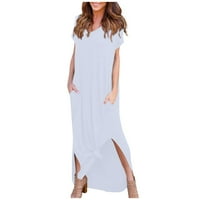 Homchy haljina za žene V izrez Ležerne ljetne plaže dugačka haljina kratki rukav Split Loose Maxi haljina sa džepom