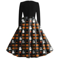 Ženska vintage klasična haljina u struku luka dugih rukava Halloween Print V-izrez Swing haljina