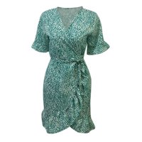 Summer Plačka haljina Žene Loose V izrez Cvjetno tiskane haljine šifon ruffle modne haljine zelene m