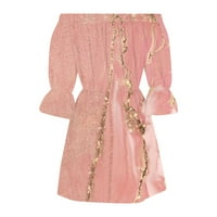 Ženske haljine ispisane van-ramena mini duljina koljena, ljetna haljina modne rukave ružičasta L