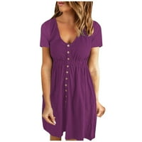 Ernkv ženska mini linijska klirenca za haljinu Solid Boja ljetna slicamarska haljina odjeća kratka rukava plaža Retro boho dugme Leisure Comfy Holiday Purple XXL