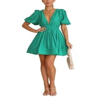 Biayxms Žene Ljetne casual a-line haljina od pune boje dubokim V-izrezom kratka rukava rukava mini haljina