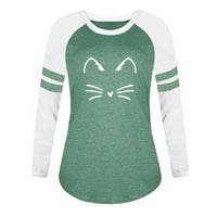 Ženska dama casual okruglica Modna mačka Print Prošiveni bluza s dugim rukavima Green XXL