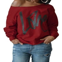 Žene Love Pismo Grafički ispis Dukseri sa ramenu Ležerne prilike dugih rukava Slouchy majice Valentines Day Duks pulover vrhovi Alsol Lamesa