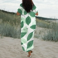 Vintage haljina za žene Ljetni modni print casual kratkih rukava V izrez za odmor cvjetna haljina zelena