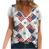 Američka košulja za zastave Žene 4. srpnja T-majice Star Stripes USA Patriotski tees Star Print Pulover V-izrez Kratki rukav Bijeli XXL