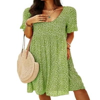 Grianlook Ženske ljuske haljine s kratkim rukavima midi haljina V vrat dame prozračne ležerne cvjetne tiskane zelene l