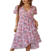 Rejlun Ženske duge haljine kratki rukav Ljeto plaža Sunderss V izrez Maxi haljine kaftan ljuljačka zabava ružičasta 2xl