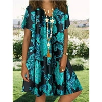 Clearsance Ljetne haljine za žene V-izrez cvjetna a-linija iznad koljena casual haljina kratka rukava plava 5xl