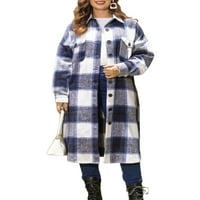 Wsevypo ženska dugačka ploča jakna s močvarom s mamcene s vunenim mješavina Ležerni tartan preko košulja