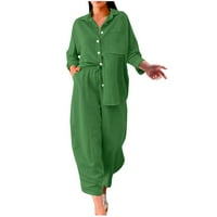 Ženska pamučna posteljina odjeća Elegantni salon setovi Solid Boja mekani trenerci labava odjeća za dame dugi rub s dugim rukavima dolje majica casual široke pantalone za noge Green XXXL