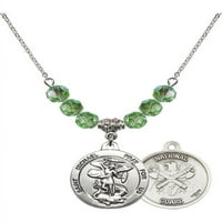 Rodijumska ogrlica sa zelenim kolovozom mjeseca rođenja Kamene perle i svetog Michaela Nat'l Guard Charm