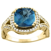 10k žuto zlato prirodni London Blue Topaz Split Ring Cushion 8x dijamantski akcent, veličina 8.5