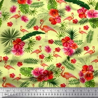 Soimoi saten svilena tkanina tropska listova, cvjetna i flamingo ptica od tiskanog tkanine širom