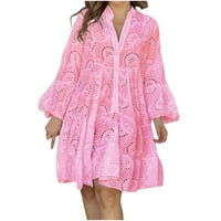 Ženske čipke Mini haljine labavi V izrez za izrez za izrez haljina rufffle kratka košulja s dugim rukavima elegantna haljina ružičasta