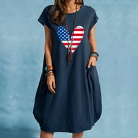 Ženske haljine od srca od tiskane haljine s kratkim rukavima za žene ljetne okrugle haljine sa džepom 4. srpnja u SAD-u nazovite pamučnu platnu haljinu
