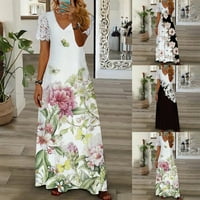 Žene Ljeto V izrez čipka kratkih rukava cvjetni print Elegantna dugačka boemska haljina bijela m