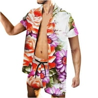Yievit Outfits za muškarce Cleariance Hawaiian Ispis Isključivanje gumba Kratki rukav Cardigan bluza i hlače postavljaju letnje izlete crvene veličine