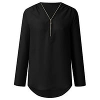 Amidoa Womens Zip Up Chiffone Bluzes Kratki rukav V izrez Klasične bluze na vrhu Ležerne poslovne majice