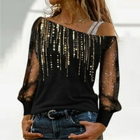 Žene Casual Sequin Print Top košulja Mesh Dugih rukava Hladne majice Na ramenute elegantne bluze za