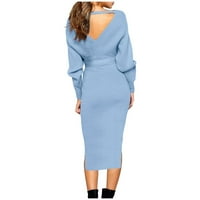 Ketyyh-Chn džemper za žene Midi haljina s dugim rukavima s tamnim dugim rukavima slim fit džemper haljina plava, l
