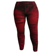 Welliumily Dame lažne traperice Tummy Control Taggings Ripped Print Fau Denim Pant Casual Sport pantalone Red XL