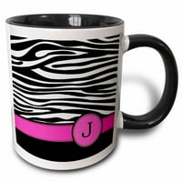 3Droza slovo J Monogrammed crno-bijele zebre trake za životinje sa vrućim ružičastim personaliziranim inicijalom - dva tonska crna krigla, 15 unca