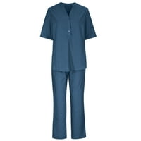 Žene Ljeto dva odjeća gumne gumene boje labave tunike + casual labavo pamučno posteljina pantnu plavu