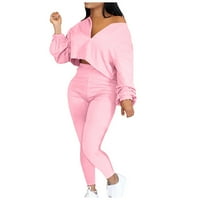 Dvije odijelo za žene Drćene hlače postavljene modne V-izrez s dugim rukavima kratke gornje casual pantalone set ružičaste m