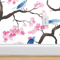 Preklopljiva pozadina - Cherry cvjetovi ptice Chinoiseriie akvarel cvjetni proljetni kineski po mjeri prije lijepljenih pozadina u kašičicu