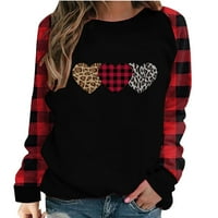 Valentinovo dugih rukava Crewneck Dukserice Žene Leopard Plaid Love Heart Print Grafički košulje Pulover The Casual Color Block bluza 1 # crni XL