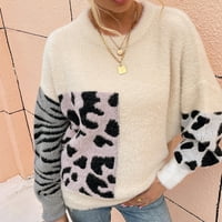Dukseri za žene imitacija mink pletena okrugla vrat dugih rukava kontrast Leopard džemper akril beige