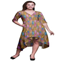 BIMBA pamučno smeđe boje šareno perjemsko štampano kratki rukav klasik midiâ haljina sa džepovima asimetrična