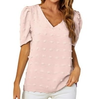 Katalem kratke žene Casual Soild Tops majica V-izrez Šifon majica na listu od majica kratki rukav Košulje s dugim rukavima Ženska majica Pink Medij