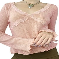 Hirigin ženske modne vrpce divljih usjeva čipkasti patchwork V-izrez dugih rukava Pletene majice proljeće jesenje Slim Fit dno košulje
