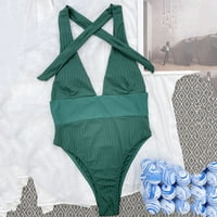 Kupaći kostimu za žene Jednodijelno pune boje rebrasta visokog struka Halter Bikini kupaći kostim Duboko V CACT čipka za vrata Otvorena leđa Vojska Zelena L