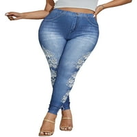 Haite Women Lažni traperice Tummy Control Plus size gamaše visoki struk preveliki FAU traper pant Workout Dno Yoga Skinny pantalone plavi cvjetni 5xl