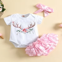 Gergngdo Kids Baby Girls Tri odjeće, dječji kratki rukav Antlers Cvjetni uzorak ROMPER RUFFLE SHORTS