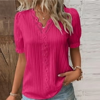Huaai ženska ljetna casual majica čipka V izrez obična elegantna majica modna boja elegantna bluza kratki rukav udoban mekani tee vrući ružičasti xl