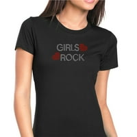 Ženska majica Rhinestone Bling Black Tee Girls Rock Crveno srce Sparkle posada Crta Veliki