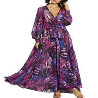 Wpwxin Boho Maxi haljina s dugim rukavima V-izrez cvjetna labava tunika kaftna haljina za žene na plaži,