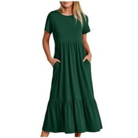 Ženska cvjetna haljina kratki rukav Crewneck Swing Flowy Tired Maxi džepovi Lounge Haljina Parovi Pokloni zeleni XL