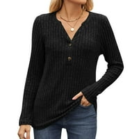 Ženski jeseni dugi rukav Henley majice s dugim rukavima V-izrez Dukseri s rebrastim pletenim običnim tunikom vrhovi bazični pulover skakač