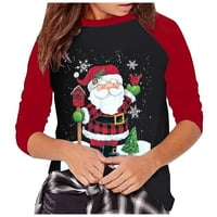 Asdoklhq Božićna odjeća ispod 5,00 USD, ženski božićni o-vrat dugih rukava za patchwork štampanje majica