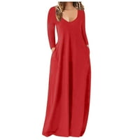 Ženska casual haljina - casual plus size Solid Crewneck džepovi s dugim rukavima Maxi duga haljina crvena
