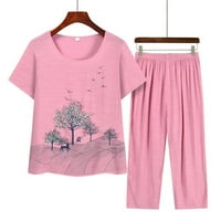 Lanene hlače Žene ljetni ovratnik kratkih rukava sa labavim srednjovječnim i stalnim pamukom i posteljina dva pamučna ružičasta